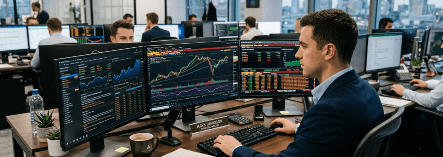 Financial analyst working with stock market charts on three monitors in modern office