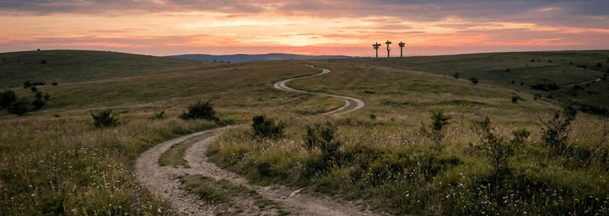 Winding dirt road through grassy field leading to three crosses on a hill at sunset