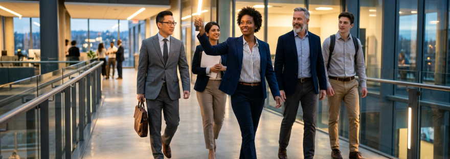 Five business people walking together in a modern office hallway