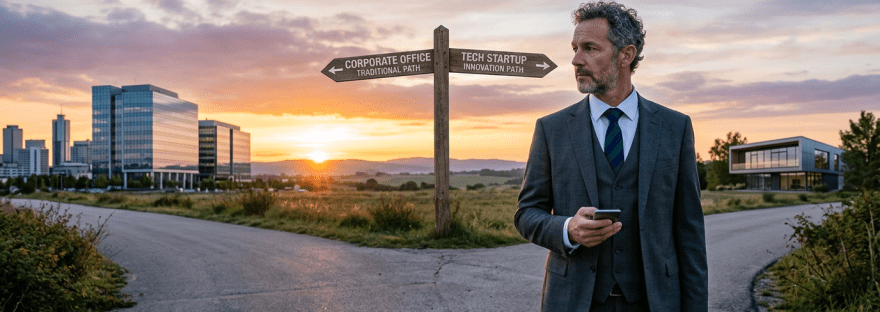Businessman at crossroads with signs for corporate office and tech startup paths.