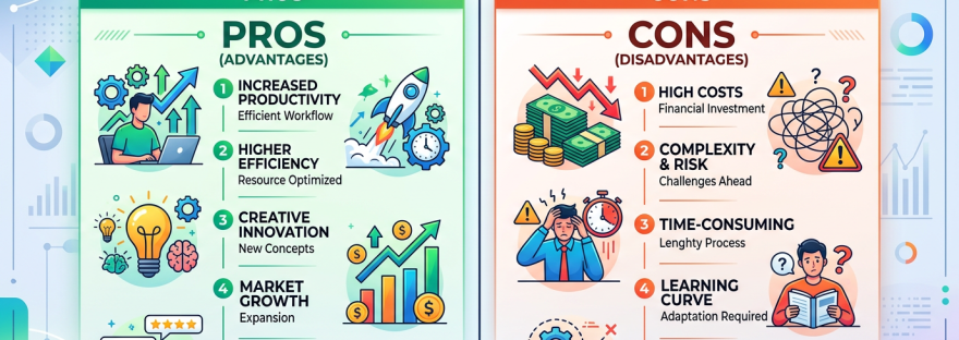 Pros and cons list comparing advantages and disadvantages with icons