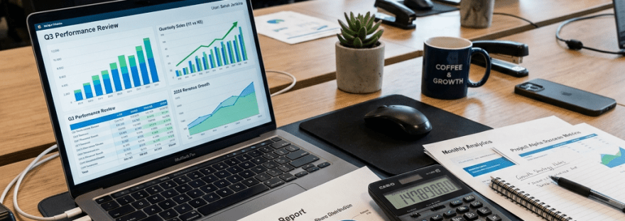 Office desk with laptop showing performance charts, printed financial reports, calculator, and coffee mug