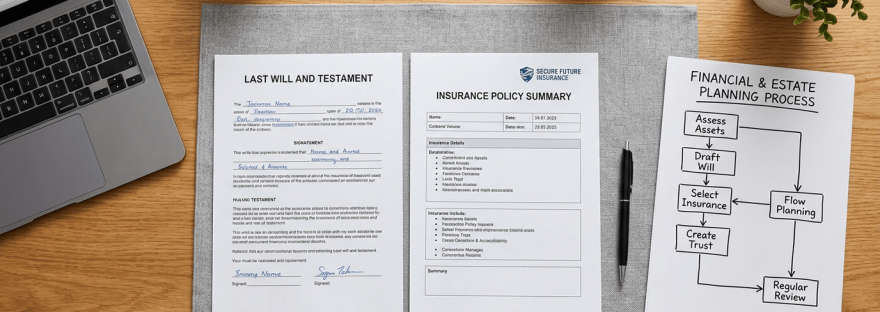 Last will and testament, insurance policy summary, and financial planning process flowchart on a desk with laptop, coffee mugs, pen, and plant