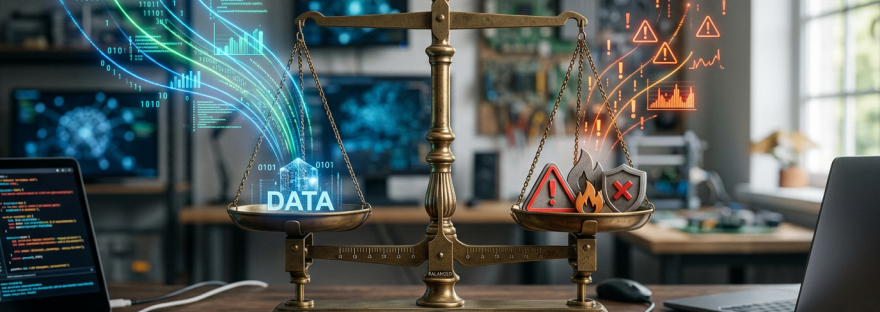 A balance scale with glowing data symbols on one side and cybersecurity warning icons on the other