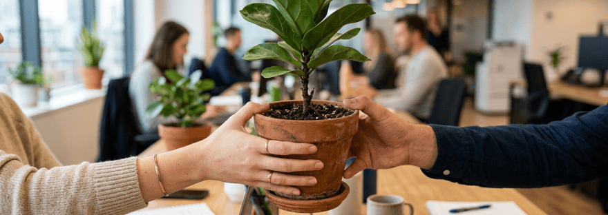 Hands of two people exchanging a terracotta pot with a green plant in an office setting