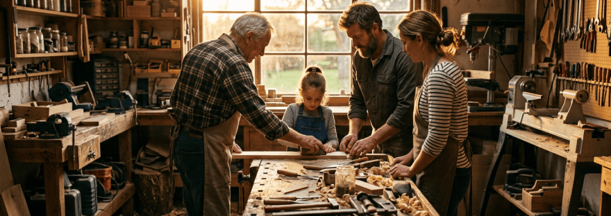 Older man, young girl, and two adults working together on woodworking project in workshop
