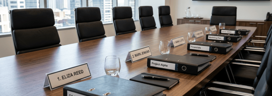 Boardroom table with labeled binders, pens, glasses, and name tags for meeting attendees