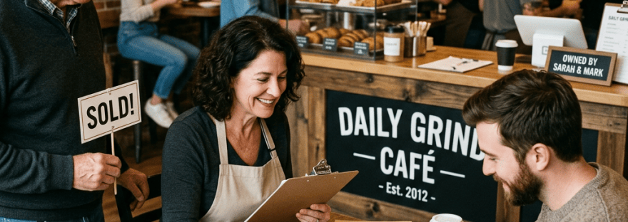 Woman and man signing café sale documents while an older man holds a SOLD sign