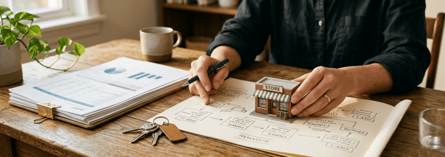 Person planning a small store using diagrams, reports, keys, and a store model