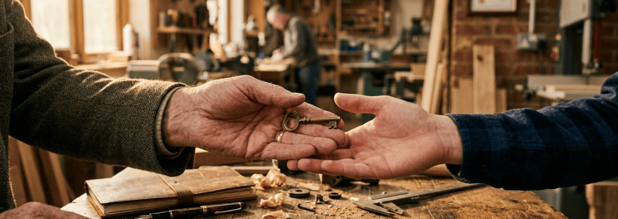 Two generations exchanging a brass key