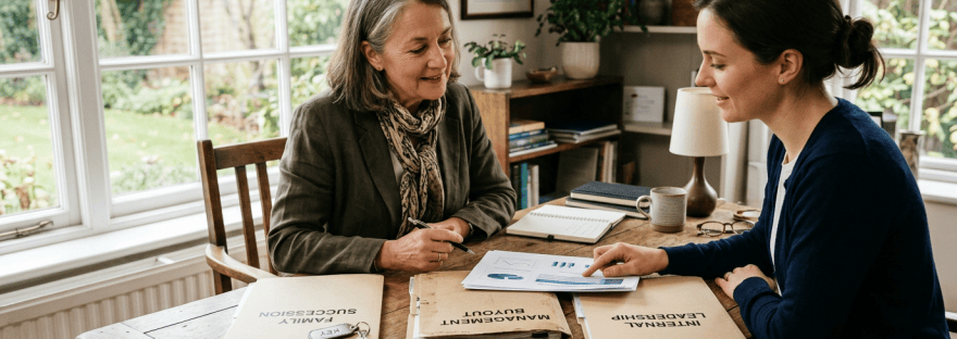 Two women reviewing documents labeled Family Succession, Management Buyout, and Internal Leadership