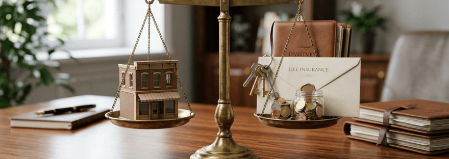 Brass balance scale holding a building model, life insurance envelope, keys, and coins